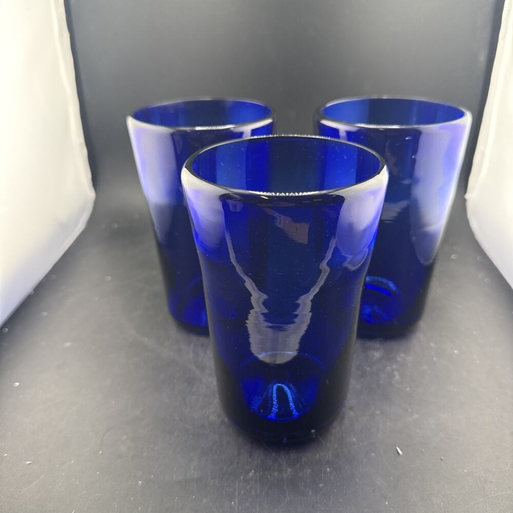 Hand Blown Cobalt Blue Drinking Glasses Set of 3 Artisan Tumbler Juice Glass